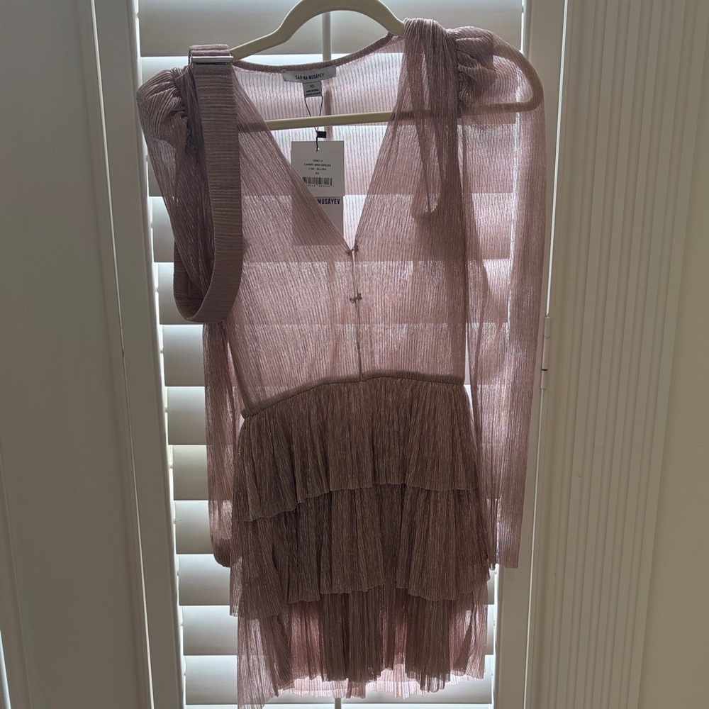 NWT- Sabina Musayev Sheer Tiered Ruffle Dress in Dusty Rose